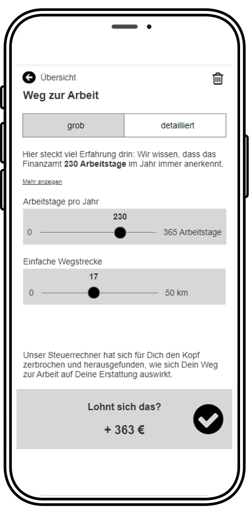 Steuertipps App Wireframe Weg zur Arbeit